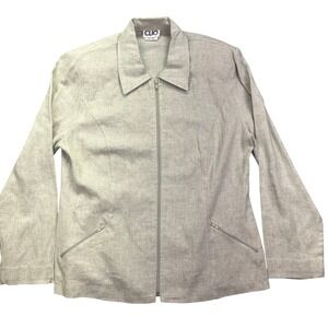 CLIO Linen Blend Jacket Zip Front Career Office Neutral Tencel Large Cottagecore
